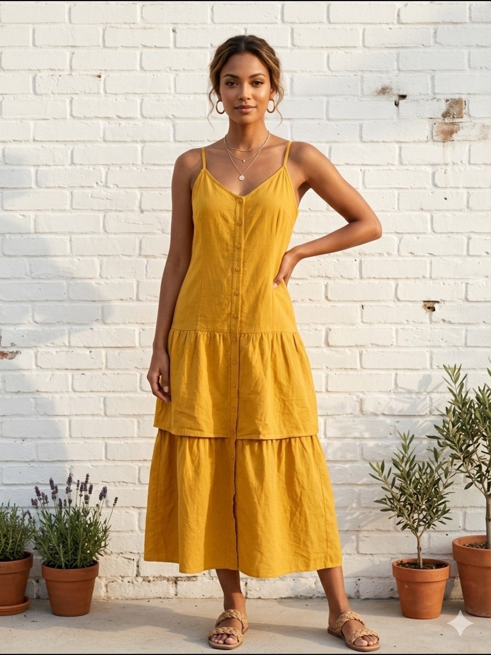 Urban Romantics Woman's Mustard Tiered Button-Front Maxi Dress Boho-chic